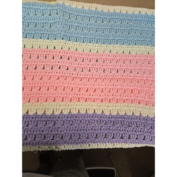 Handmade Crochet Baby Blanket Pastel Stripes Nursery Afghan Cover 44"x 34" - Picture 3 of 3